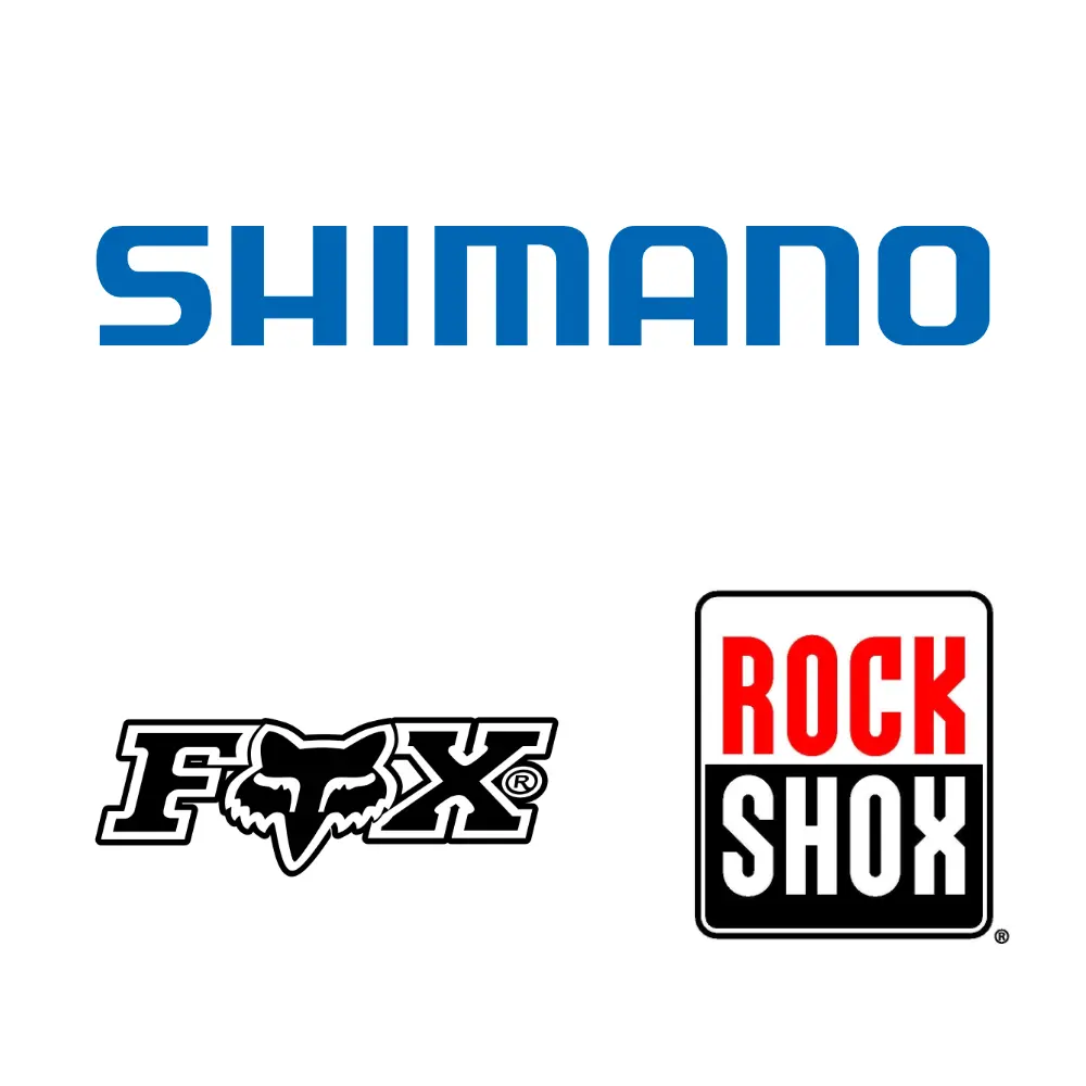 Shimano logo; RockShox logo; FOX logo
